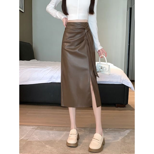 High Rise Faux Leather Midi Skirt