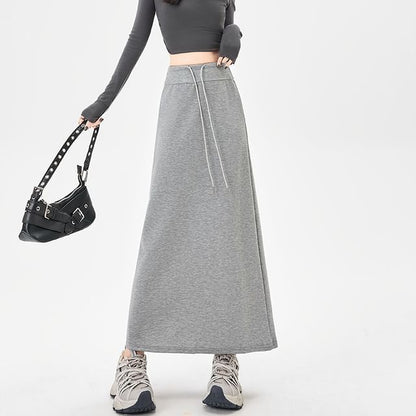 Drawstring Waist Plain Maxi Skirt