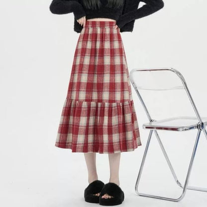 High Rise Plaid Maxi A-Line Skirt