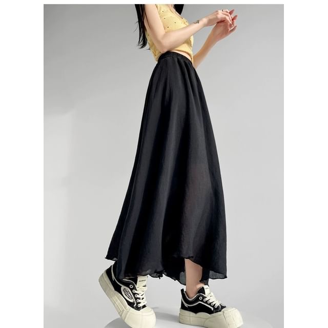 High Waist Plain Midi A-Line Skirt