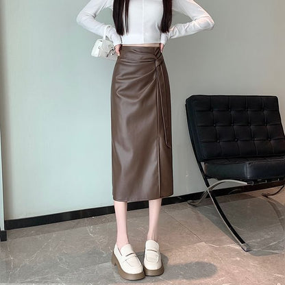 High Rise Faux Leather Midi Skirt