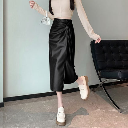 High Rise Faux Leather Midi Skirt