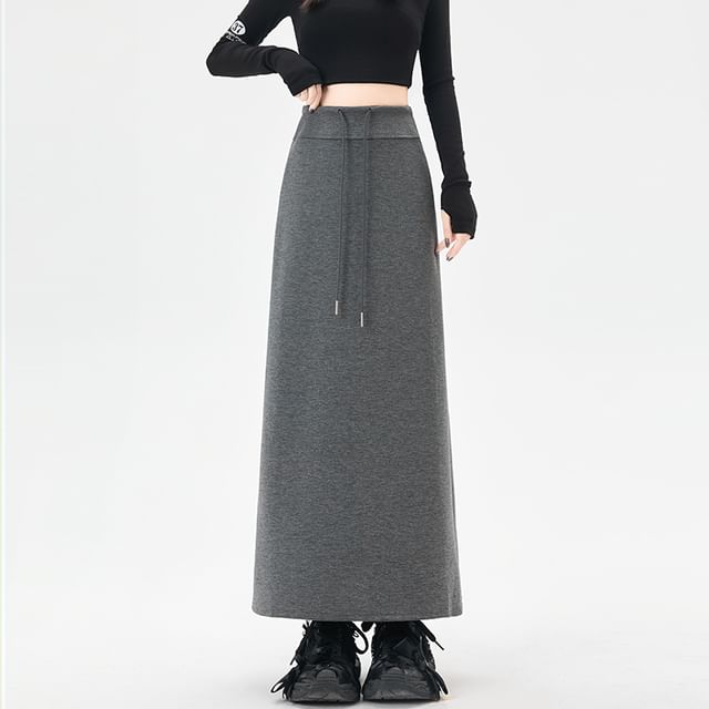 Drawstring Waist Plain Maxi Skirt