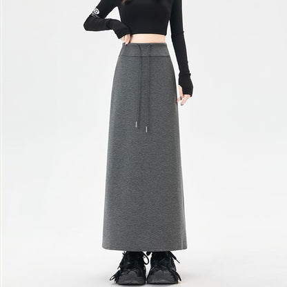 Drawstring Waist Plain Maxi Skirt