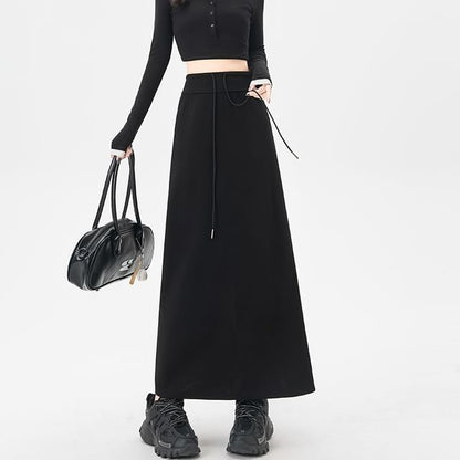 Drawstring Waist Plain Maxi Skirt