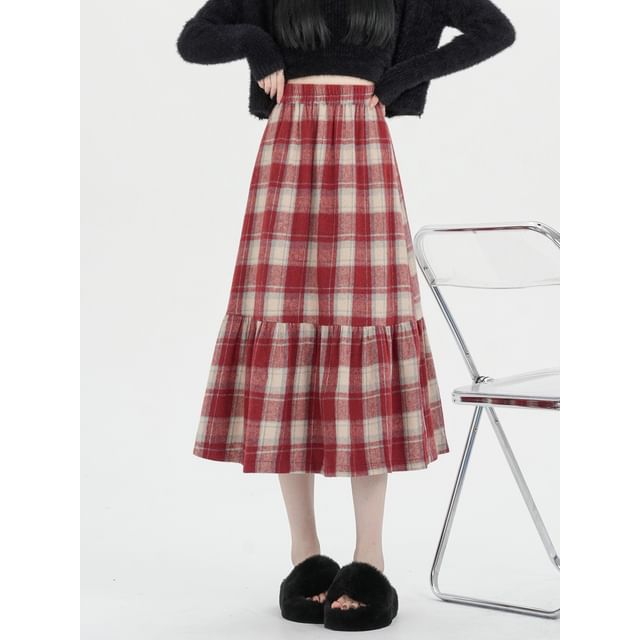 High Rise Plaid Maxi A-Line Skirt
