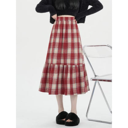 High Rise Plaid Maxi A-Line Skirt