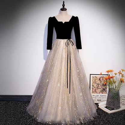 Star / Long-Sleeve A-Line Evening Print Notch Gown Short-Sleeve Mesh Panel Neck