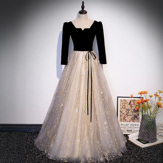 Star / Long-Sleeve A-Line Evening Print Notch Gown Short-Sleeve Mesh Panel Neck