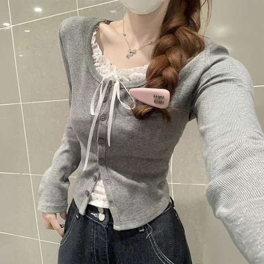 Mock Two-Piece Long-Sleeve Lace Top