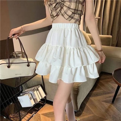 Solid Mini Tiered Skirt with High Waist