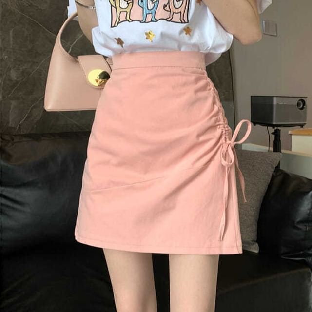High Rise Plain Drawstring Mini A-Line Skirt