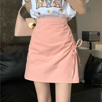 High Rise Plain Drawstring Mini A-Line Skirt