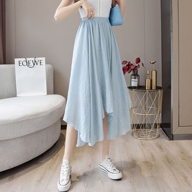 High Rise Plain Asymmetrical Midi A-Line Skirt