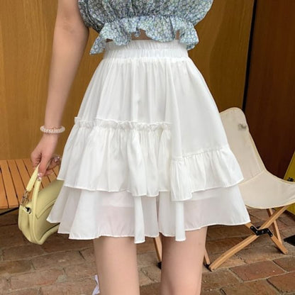 High Waist Plain Mini A-Line Layered Ruffled Skirt