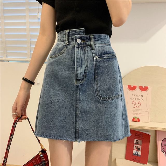 Faded Denim Mini A-Line Skirt with High Waist