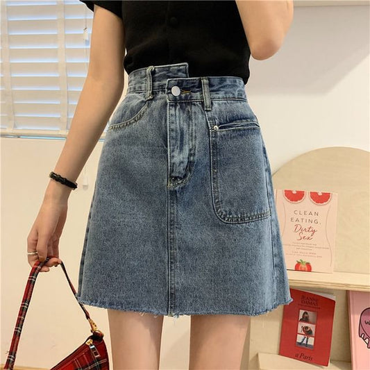 Faded Denim Mini A-Line Skirt with High Waist