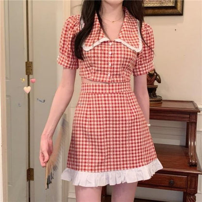 Puff Sleeve Gingham Crop Button Up Blouse High Rise Mini A-Line Skirt Set