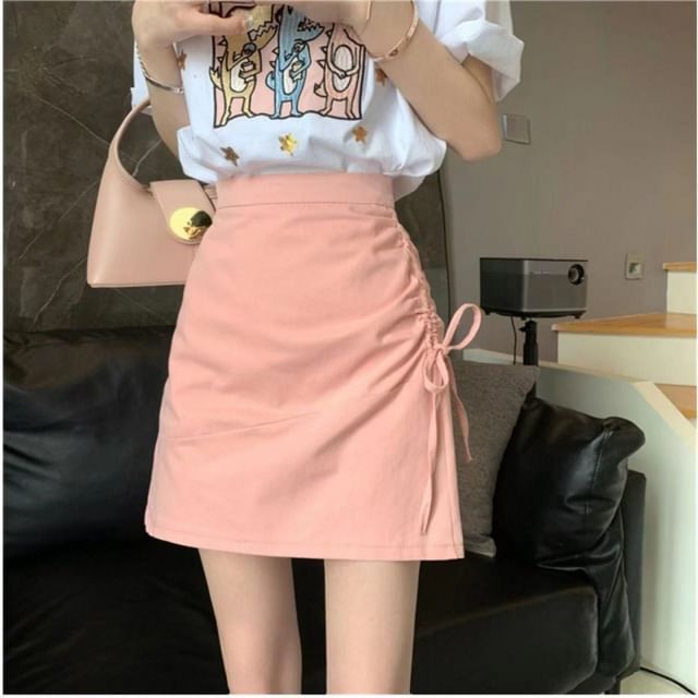 High Rise Plain Drawstring Mini A-Line Skirt