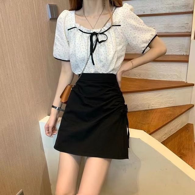 High Rise Plain Drawstring Mini A-Line Skirt
