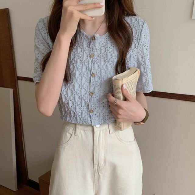Puff-Sleeve Contrast Button-Up Lace Blouse