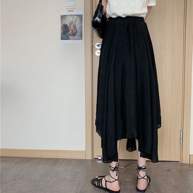 High Rise Plain Asymmetrical Midi A-Line Skirt