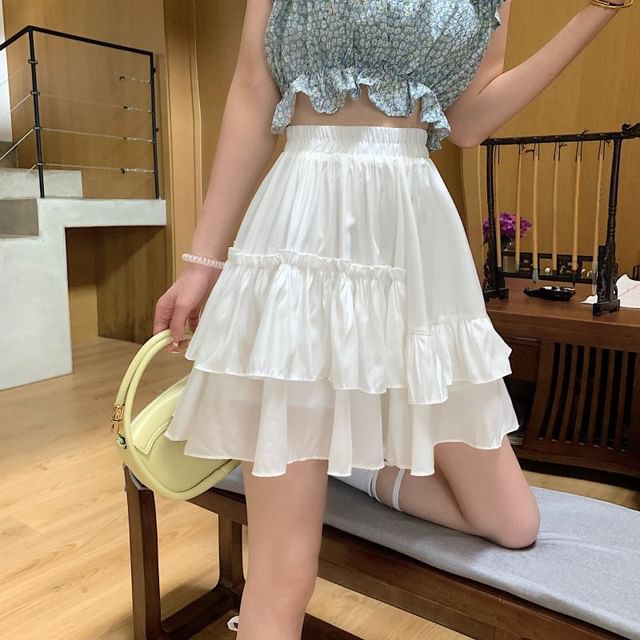 High Waist Plain Mini A-Line Layered Ruffled Skirt