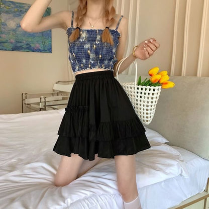 High Waist Plain Mini A-Line Layered Ruffled Skirt