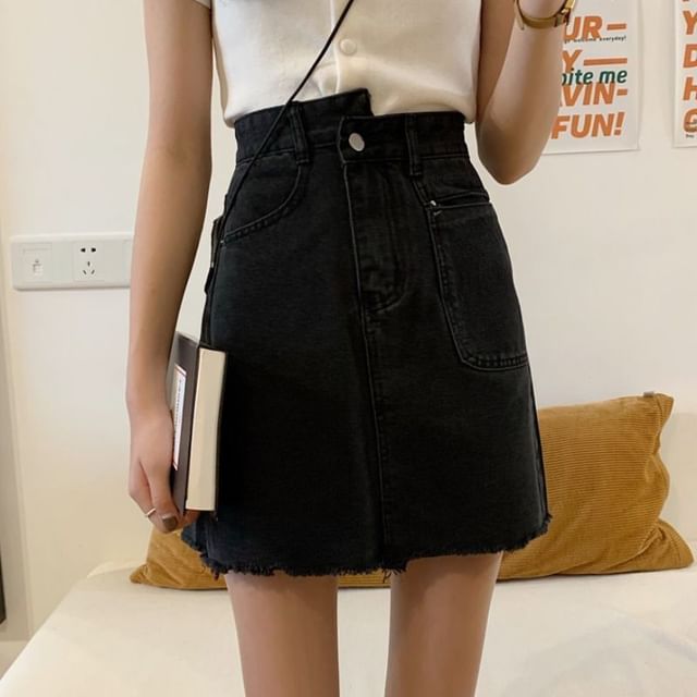 Faded Denim Mini A-Line Skirt with High Waist