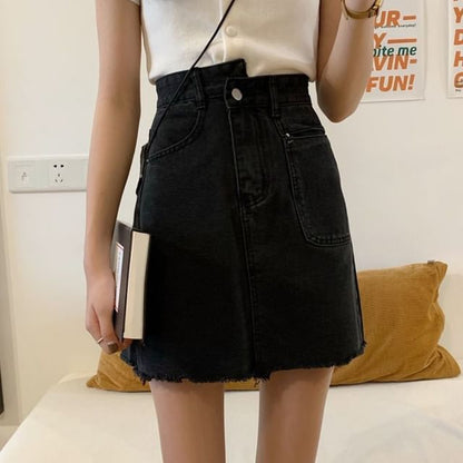 Faded Denim Mini A-Line Skirt with High Waist