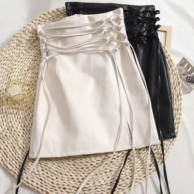 High Waist Faux Leather Lace Up Mini Pencil Skirt