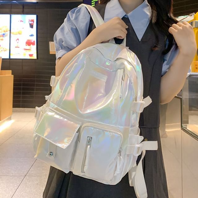 Holographic Backpack Leather Buckled Faux