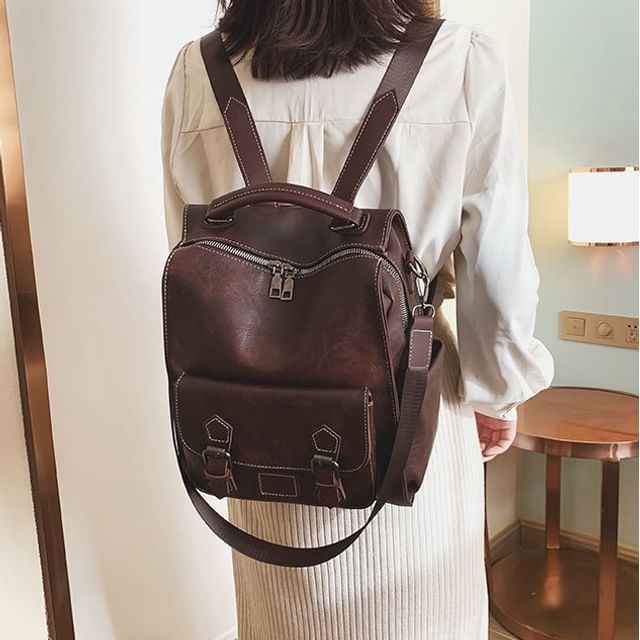 Buckled Leather Backpack Faux