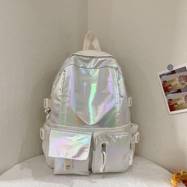 Holographic Backpack Leather Buckled Faux