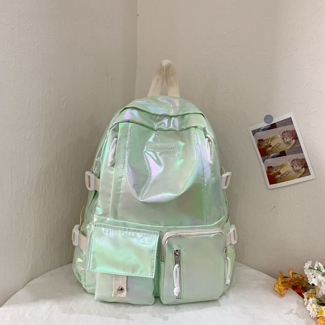Holographic Backpack Leather Buckled Faux