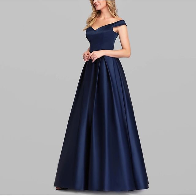 Plain Gown Off Shoulder Satin A-Line Sleeveless Evening