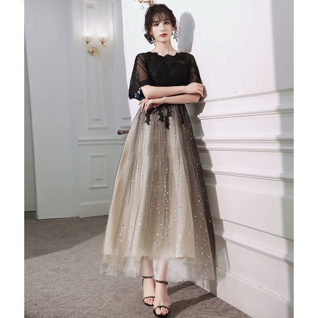 Short Sleeve Round Neck Gradient Lace Panel Mesh A-Line Cocktail Dress (Various Designs)