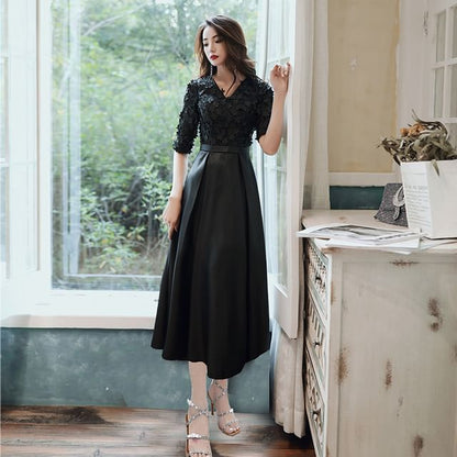 Elbow Sleeve V-Neck Plain Panel Satin A-Line Cocktail Dress (Various Designs)