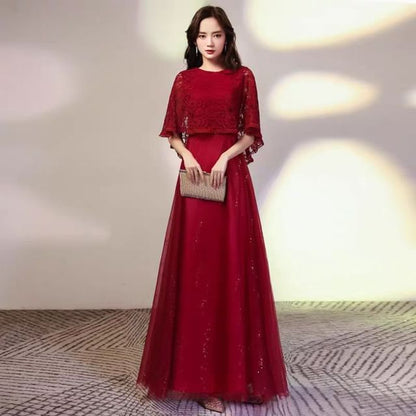 Cape Sleeve Round Neck Plain Sequin Lace Panel Mesh A-Line Evening Gown
