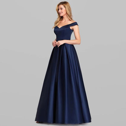 Sleeveless Off Shoulder Plain Satin A-Line Evening Gown