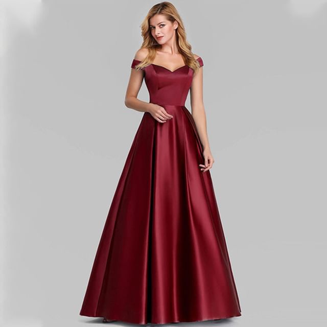 Sleeveless Off Shoulder Plain Satin A-Line Evening Gown