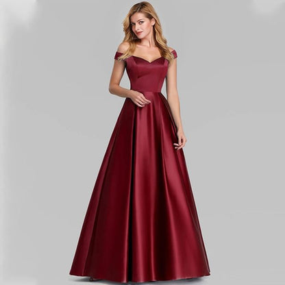 Sleeveless Off Shoulder Plain Satin A-Line Evening Gown