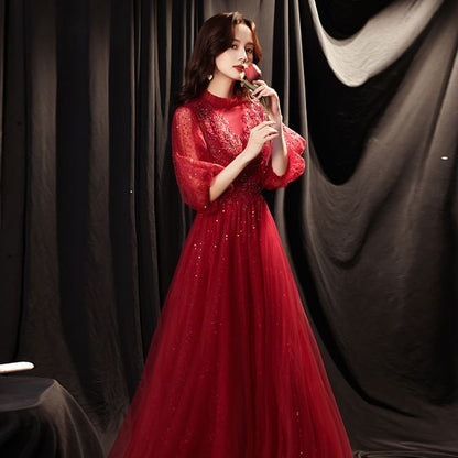 Balloon Sleeve Mock Neck Plain Sequin Embroidered Mesh A-Line Cocktail Dress (Various Designs)