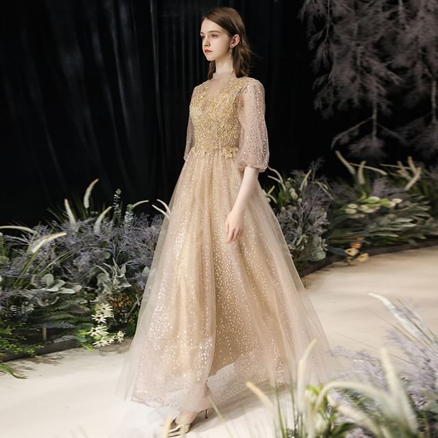 Balloon Sleeve Mock Neck Plain Sequin Embroidered Mesh A-Line Cocktail Dress (Various Designs)
