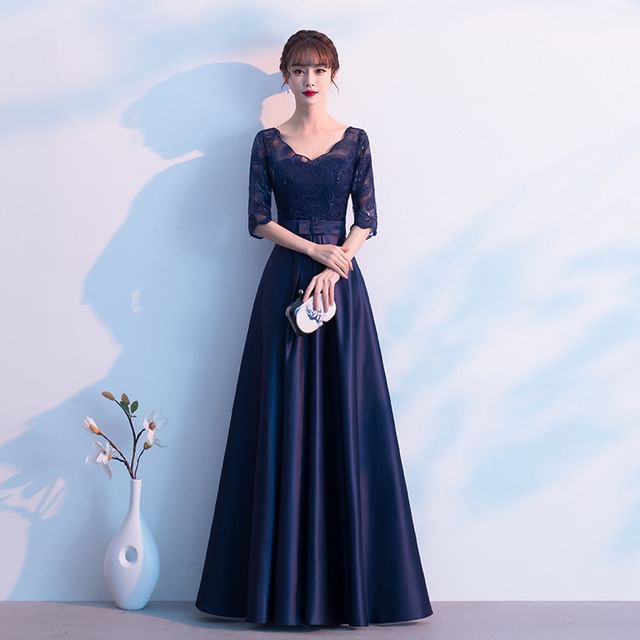 Lace Panel Bow A-Line Elbow Plain Sleeve Gown Evening Satin V-Neck