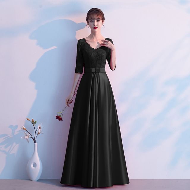Lace Panel Bow A-Line Elbow Plain Sleeve Gown Evening Satin V-Neck