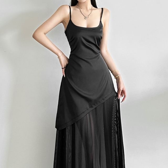 Mesh Maxi Two-Piece A-Line Strap Panel Spaghetti Dress Mock Plain