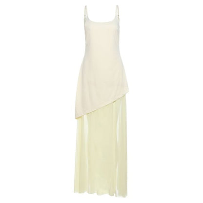 Mock Two-Piece Spaghetti Strap Plain Mesh Panel Maxi A-Line Dress