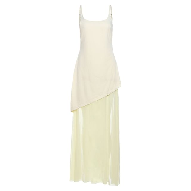 Mesh Maxi Two-Piece A-Line Strap Panel Spaghetti Dress Mock Plain