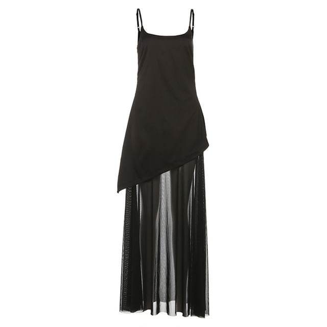 Mesh Maxi Two-Piece A-Line Strap Panel Spaghetti Dress Mock Plain